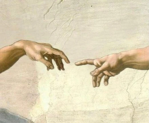 painting of two hands reaching out from opposite directions with fingertips nearly touching, painting of God's finger reaching out towards Adam's finger