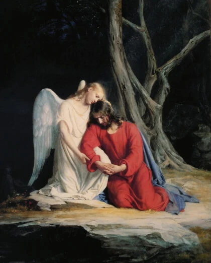 painting of Jesus suffering in agony kneeling on ground with angel comforting Him, painting of Jesus sad and suffering in garden with angel consoling Him