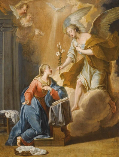 painting of the Annunciation, the angel Gabriel descending down while handing lilies to the Virgin Mary, Mary on a wooden kneeler receiving the angel Gabriel, angels and Holy Spirit in background