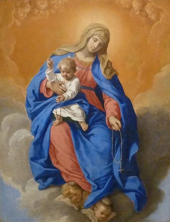 Our Lady in radiant splendor sitting amongst clouds in heaven holding baby Jesus in one arm and a Rosary in the other hand, baby Jesus lifting hand in blessing and holding Rosary in the other, angels in the background adoring Mary amidst the clouds, Mary smiling and holding Rosary down towards earth