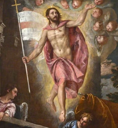 painting of Jesus rising from the dead emerging from the tomb victorious with angels in the background, painting of Christ victoriously risen from the dead holding banner with angels in background